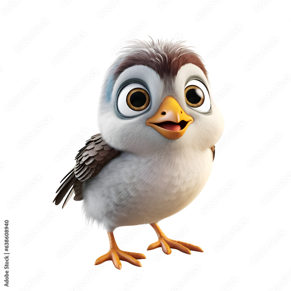 3D rendering of a cute cartoon bird with blue eyes isolated on white background
