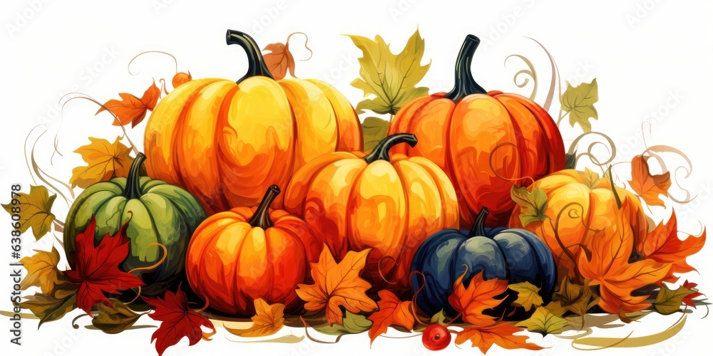 Watercolor composition of pumpkins and autumn leaves on white background. Generative AI