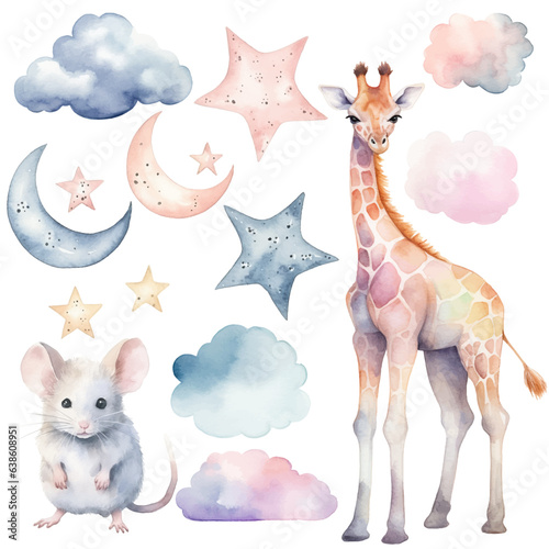 Watercolor giraffe and mouse set. Vector hand drawn clouds, moon, stars, nursery elements, wall stickers.
