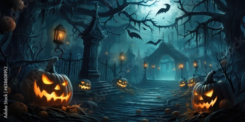 Halloween pumpkins and a mystical and spooky castle in the dark against a blue moon,Generative AI