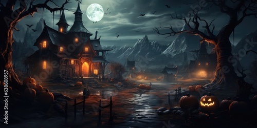 Mysterious castl, ghosts and pumpkins on the background of the blue moon. Halloween. Generative AI