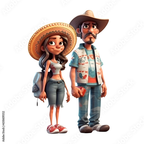 Couple with sombrero and backpack isolated on a white background photo