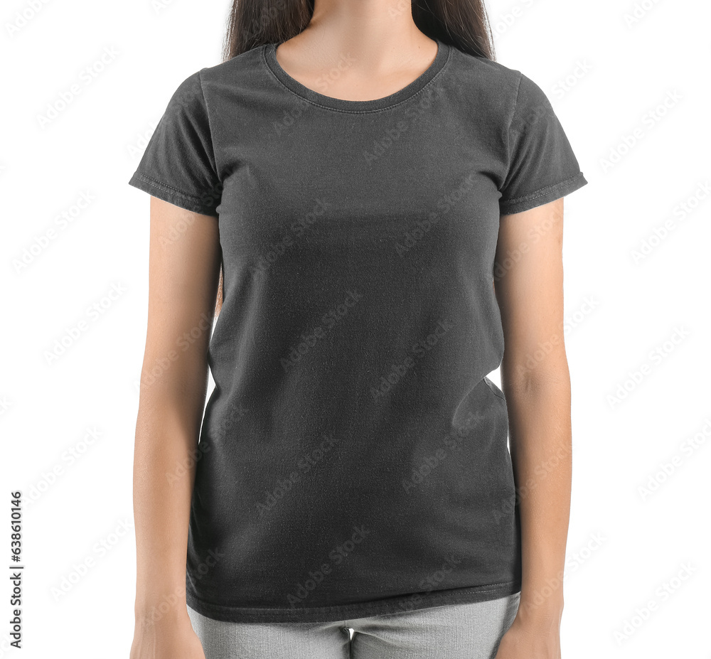 Young woman in black t-shirt on white background Young woman in black t-shirt on white background