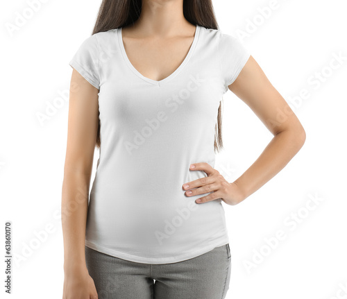 Young woman in t-shirt on white background