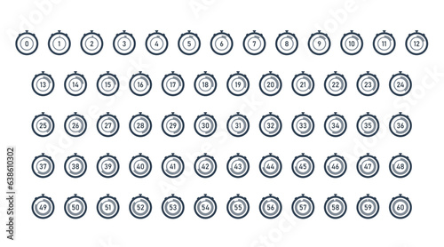 Stopwatch, Timer Countdown With Numbers From 0 to 60. Vector Icon Set