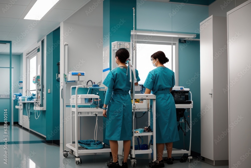 Back view of surgeon woman in a hospital intensive care unit. A clinician leaves the operating room or intensive care unit exhausted Back view of surgeon woman in a hospital intensive care unit. A clinician leaves the operating room or intensive care unit exhausted