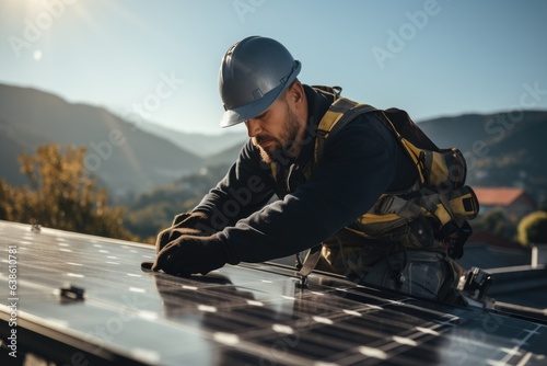 construction worker on the roof - installing solar panel