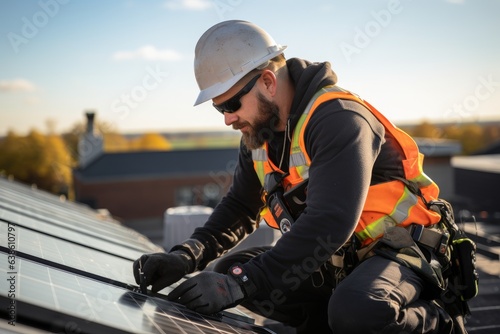 construction worker on the roof - installing solar panel