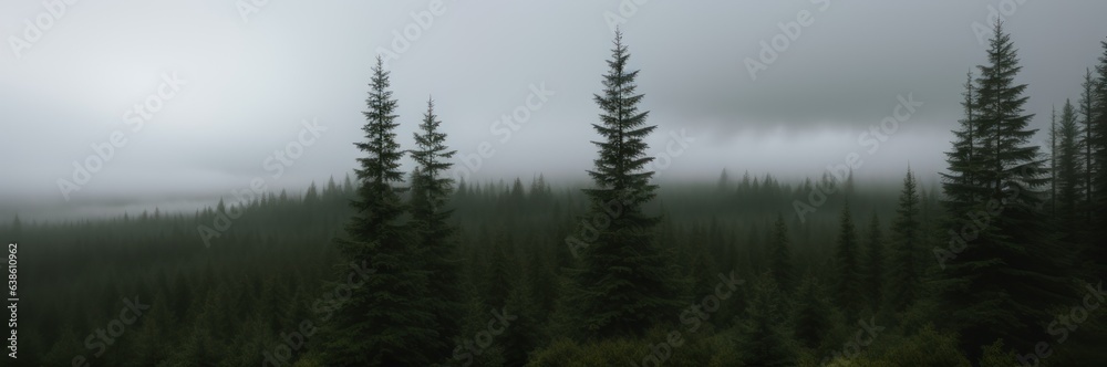 Beautiful pine and fir forest with thick layer of green moss covering the forest floor. Scenic view foggy autumn or summer morning land background. Magical Deep foggy Misty Old Forest