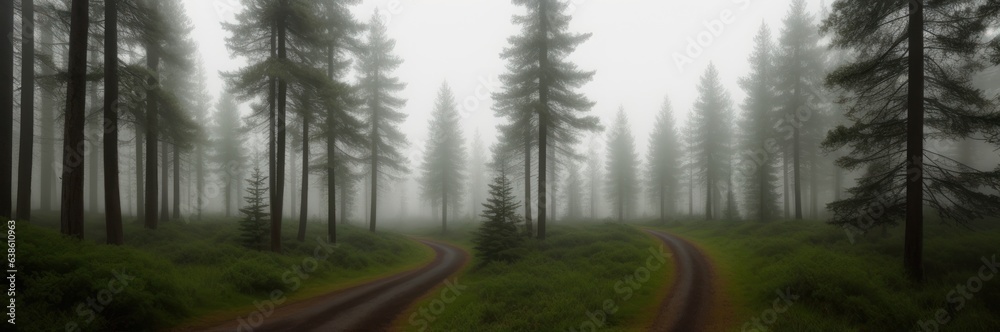 Beautiful pine and fir forest with thick layer of green moss covering the forest floor. Scenic view foggy autumn or summer morning land background. Magical Deep foggy Misty Old Forest