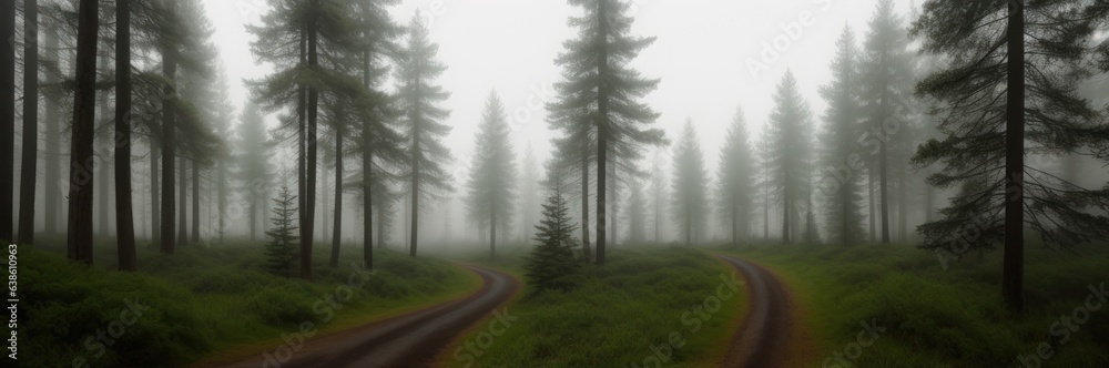 Beautiful pine and fir forest with thick layer of green moss covering the forest floor. Scenic view foggy autumn or summer morning land background. Magical Deep foggy Misty Old Forest Beautiful pine and fir forest with thick layer of green moss covering the forest floor. Scenic view foggy autumn or summer morning land background. Magical Deep foggy Misty Old Forest