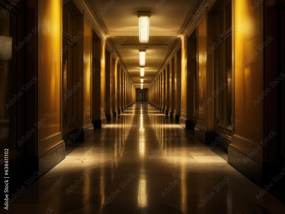 A long hallway with a clock on the wall. Generative AI. - obrazy, fototapety, plakaty 