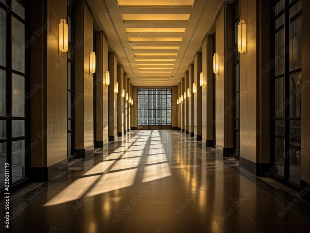 A long hallway with a lot of windows and lights. Generative AI. A long hallway with a lot of windows and lights. Generative AI.