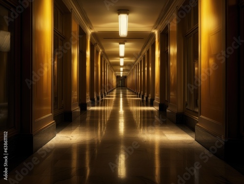 A long hallway with a clock on the wall. Generative AI. photo