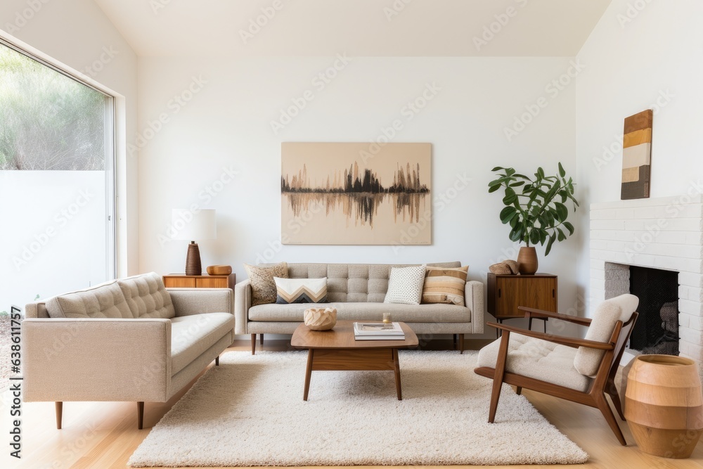Fototapeta premium A living room filled with furniture and a fire place. Generative AI.