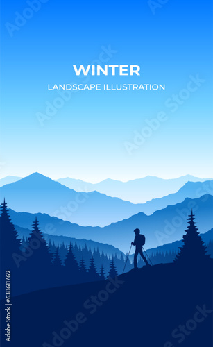 Winter skiing silhouette landscape vector vertical illustration. Landscape illustration of skis on the background of snowy mountains. Landscape illustration for poster, banner.