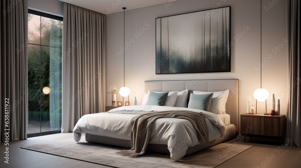 Fototapeta premium A bedroom with a large bed and a painting on the wall. Generative AI.