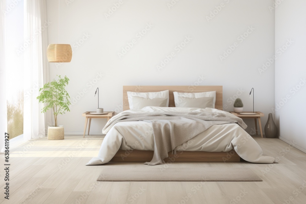 Obraz premium A bedroom with a bed and a plant in the corner. Generative AI.