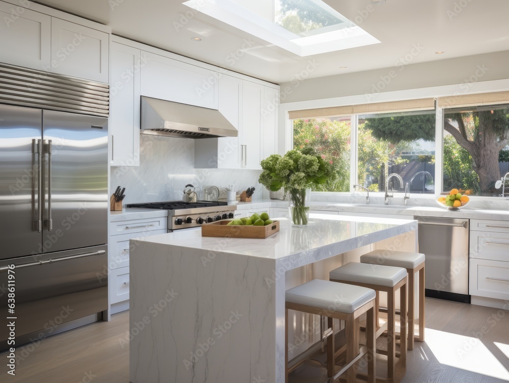 A kitchen with a center island and a skylight. Generative AI.