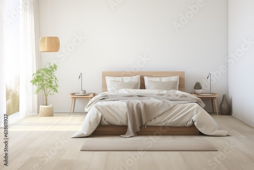 A bedroom with a bed and a plant in the corner. Generative AI.