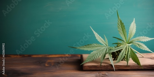 Cannabis Plant on Light Green Background with Copyspace  Steaming White Joint on Wooden Board  Illustrating Drug Consumption and the Controversy of Drug Legalization