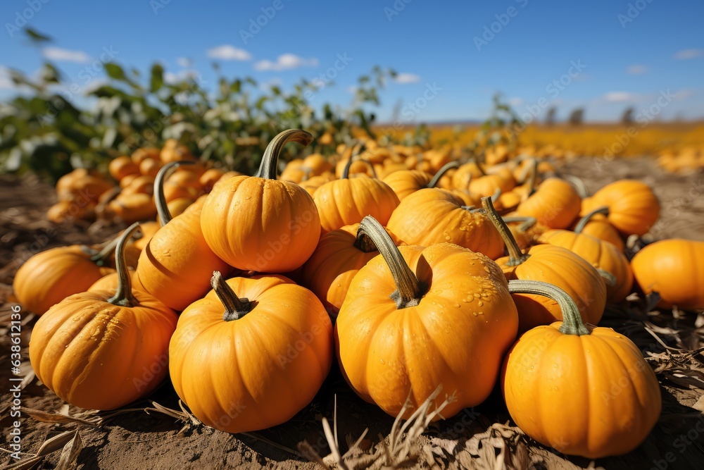 Pumpkin patch on sunny Autumn day. Colorful pumpkins on field. generative AI