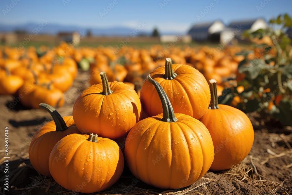 Pumpkin patch on sunny Autumn day. Colorful pumpkins on field. generative AI