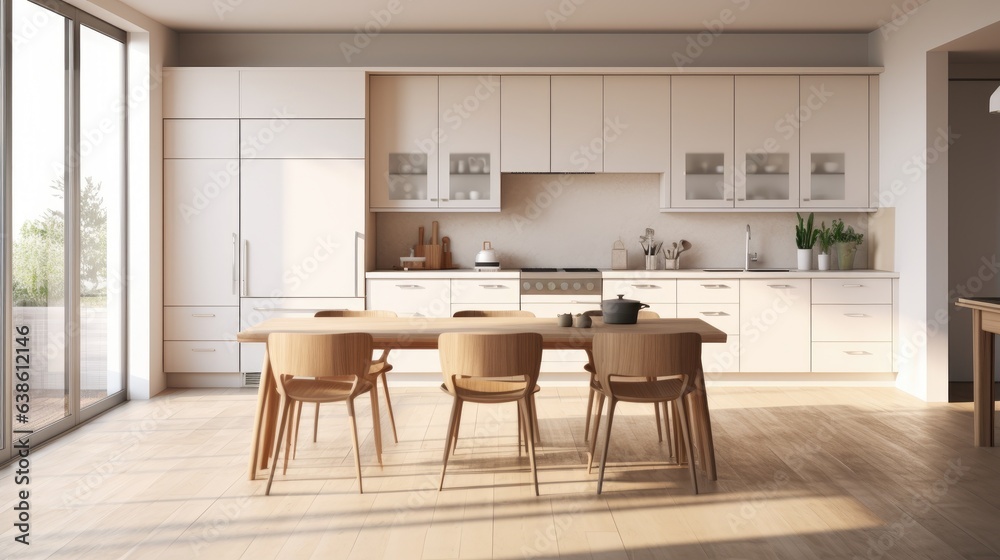 A kitchen with a table and chairs in it. Generative AI. A kitchen with a table and chairs in it. Generative AI.