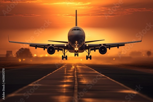 A large jetliner taking off from an airport runway at sunset.