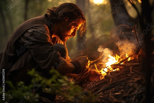A man makes a fire in the forest.