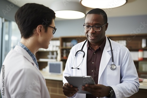 Asian patient explaining issues to African American doctor. photo