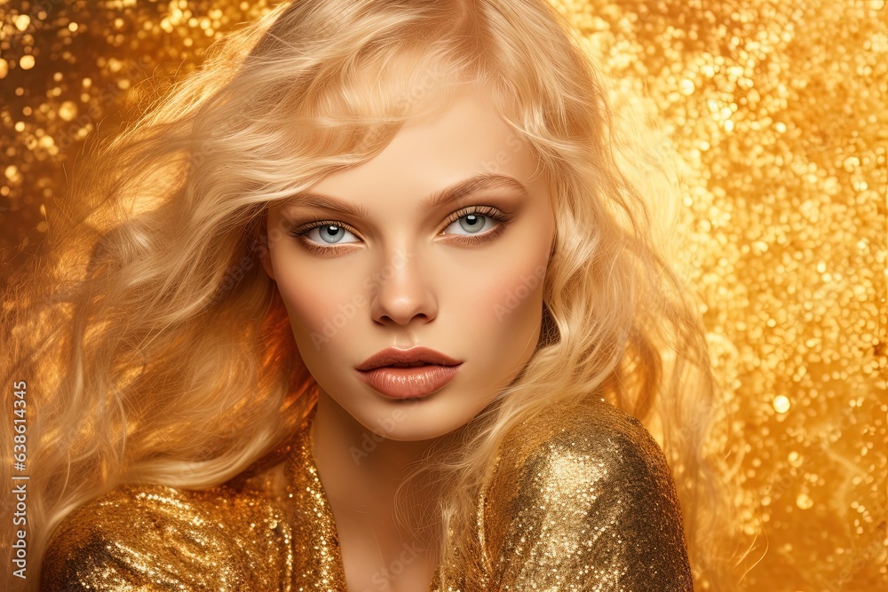 Albino woman in golden dress.