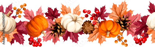 Seamless border with pumpkins, red, pink, and orange autumn leaves, pinecones, and rowanberries. Vector illustration