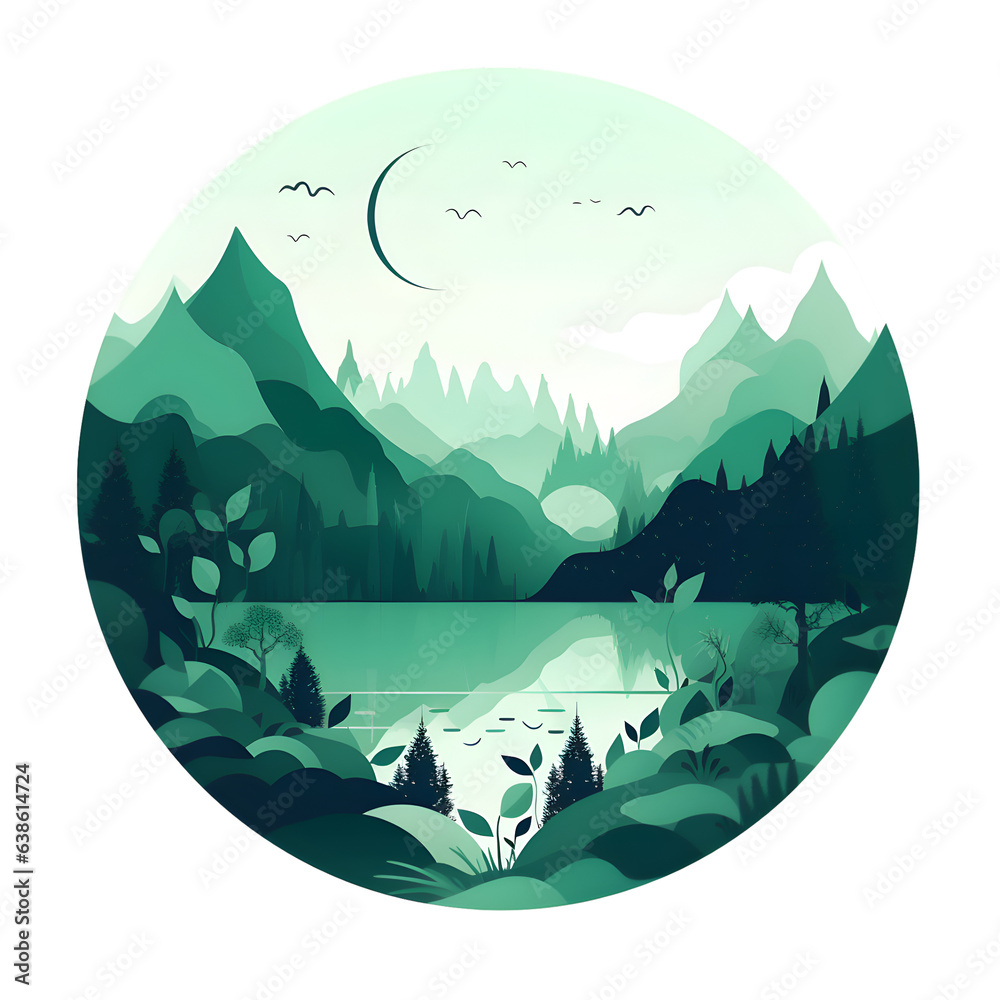 Mountain landscape with lake and forest in circle. Vector illustration.