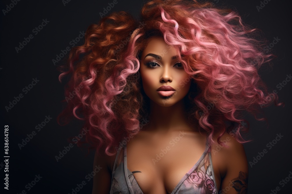 Beautiful African American woman with curly pink hair. Beautiful African American woman with curly pink hair.