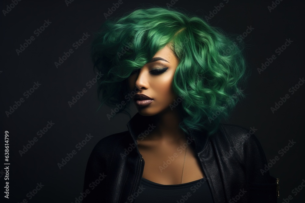 Beautiful African American woman with green hair.