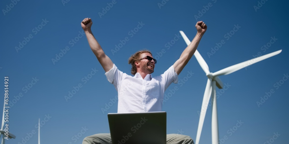 Engineer on Wind Turbine: Expert in Uniform with Laptop Sits on Wind Turbine, Harnessing Wind Energy Amidst Sun-Kissed Summer Landscape, Embracing Future Tech and Sustainable Energy Engineer on Wind Turbine: Expert in Uniform with Laptop Sits on Wind Turbine, Harnessing Wind Energy Amidst Sun-Kissed Summer Landscape, Embracing Future Tech and Sustainable Energy