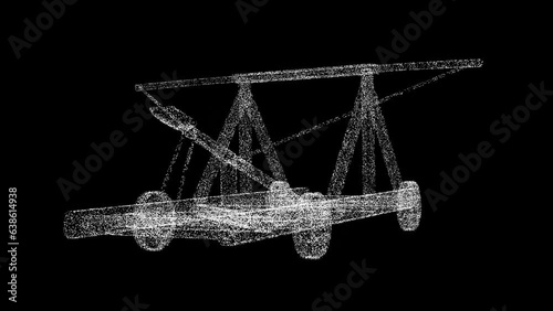 3D ancient Catapult rotates on black background. Historical military concept. Business advertising backdrop. For title, text, presentation. 3d animation 60 FPS