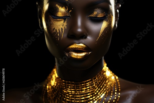 African woman with gold makeup on black background. © Bargais