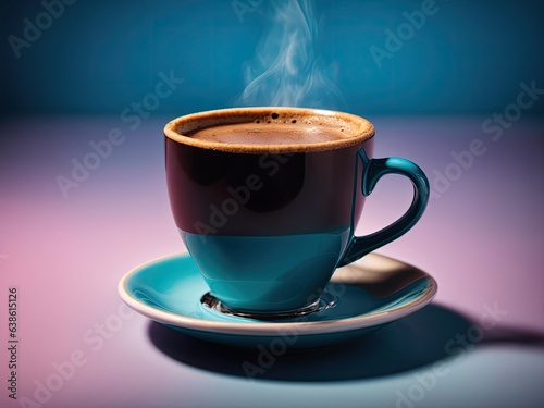 A cup of black espresso on neon blue background, cup of coffee, cup of coffee and coffee beans, cup of coffee with coffee beans, cup of coffee and cacao beans, cup of coffee with cacao beans on table