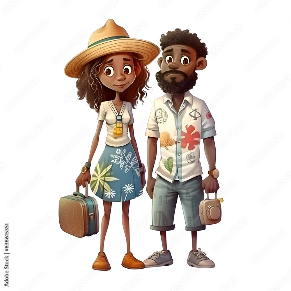 Illustration of a couple of tourists on vacation with a suitcase on a white background