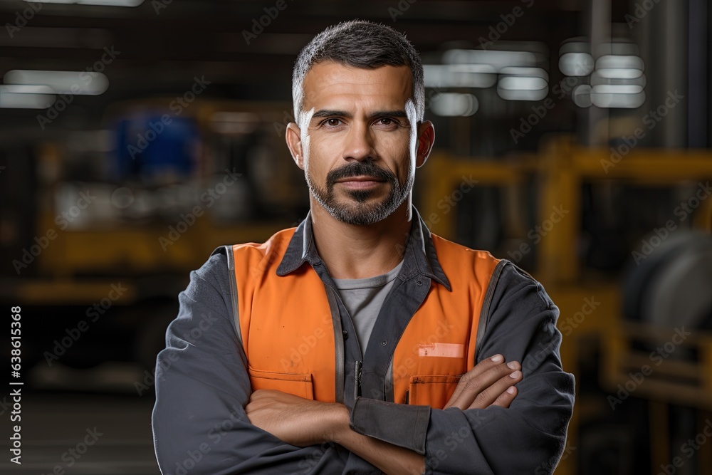 Male factory worker with arms crossed.