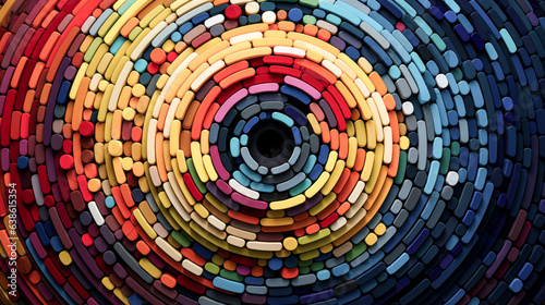 He creates an eye-catching collage of concentric circles in vibrant colors.