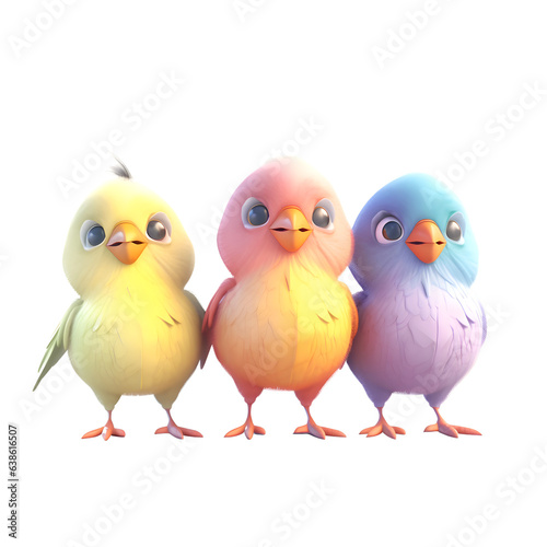 Three cute birds on a white background. 3d render illustration.