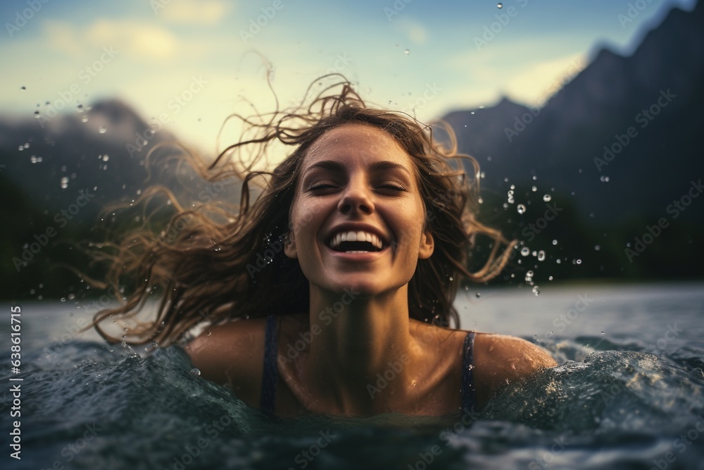 Happy woman swim in the lake.