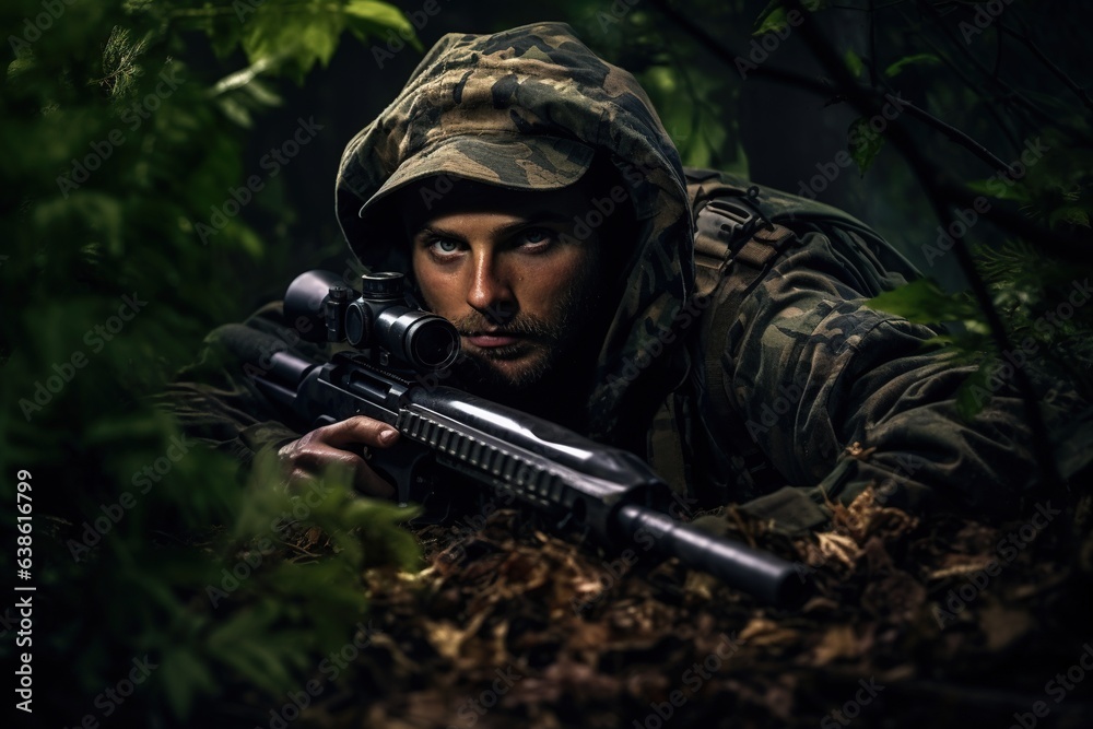 Hunter in camouflage on the ground with rifle.