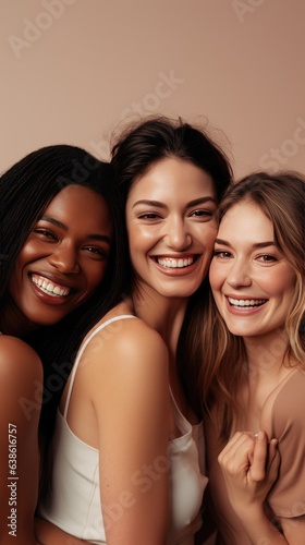 Promoting skincare and luxury cosmetics with a natural beauty portrait of joyful female friends indoors, radiating happiness on a beige studio backdrop.