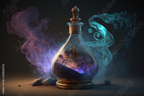 Magic potion in a bottle with smoke on a dark background