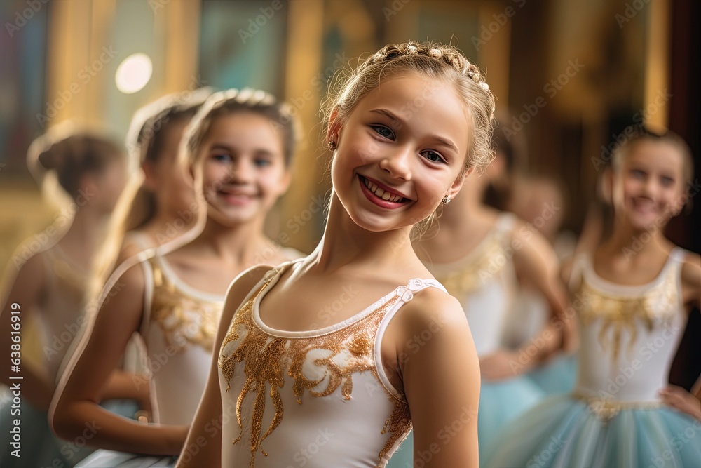 Young ballet dancers in costumes smiling and practicing.