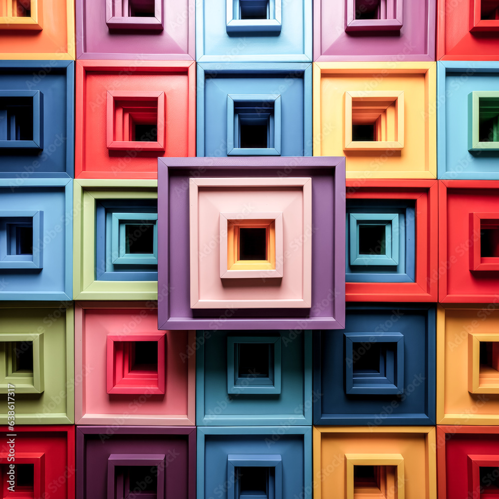 He forms concentric squares of vibrant hues. He forms concentric squares of vibrant hues.